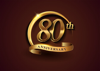 80th golden anniversary logo with gold ring and golden ribbon, vector design for birthday celebration, invitation card.