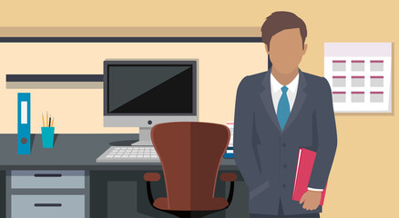 Office staff, manager work and communication. Office worker at the table. Business employees on their workspace. Co-worker. Businessman or a clerk working at his office workplace flat style