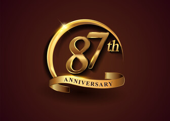 87th golden anniversary logo with gold ring and golden ribbon, vector design for birthday celebration, invitation card.