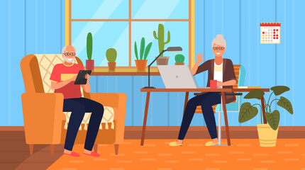 Old people play video game. Modern senior people gadgets. Oldster education computer. Old progressive use modern technology. Learning to use PC. Elderly couple gadgets. Aging parents video conference