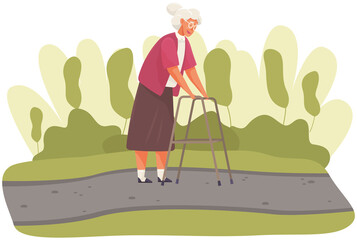 Elderly woman moving with help of front-wheeled walker in city park. Disabled lady is spending time outdoors alone. Female character walking in park with special equipment for disabled people