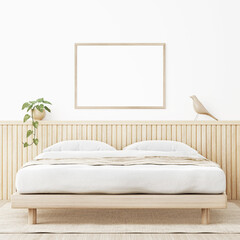 Horizontal poster mockup with wooden frame in Japandi style bedroom interior with beige slat headboard, trailing plant, bird and rug on empty white wall background. 3D rendering, illustration