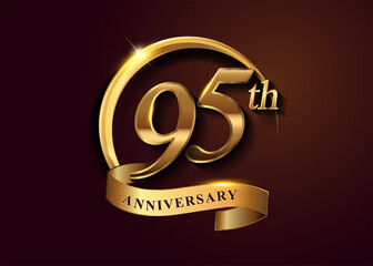 95th golden anniversary logo with gold ring and golden ribbon, vector design for birthday celebration, invitation card.