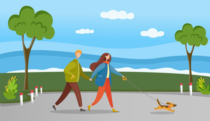 Fototapeta premium Couple in relationship walking in forest with their pet. Young guy and girl holding hands walking in garden, romantic walk. Lovers man and woman on date outdoor. Happy promenade of owners with dog