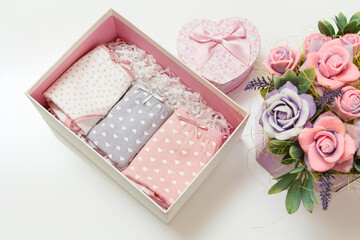 Beautiful women's cotton panties in box on white background.