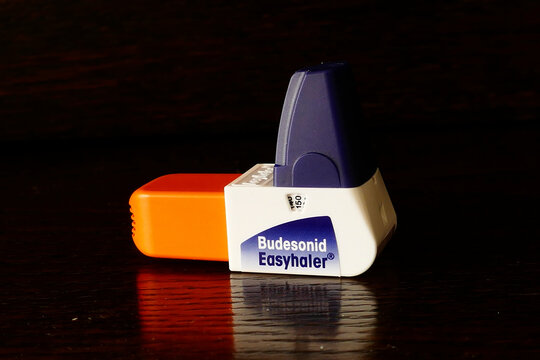 Budapest, Hungary - April 22. 2021: Budesonid Easyhaler is an asthma drug. Oxford University researchers discover that inhaled Budesonide can shorten recovery time among Covid patients aged over 50.

