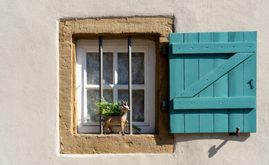 Detail an einer Hausfassade, Fenster mit Gitter und Fensterladen aus Holz in gr&uuml;n mit Blumenpflanze in der Altstadt von Bad Wimpfen, Baden Wuerttemberg, Deutschland