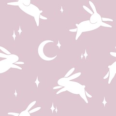 seamless childish pattern with cute white bunnies, rabbits, moon, stars on a pink background