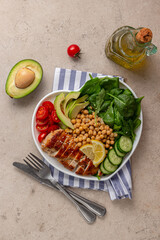 Dietary salad with chicken, avocado, cucumber, tomato and spinach