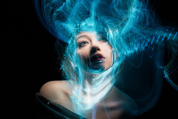 lightpainting portrait, new art direction, long exposure photo without photoshop, light drawing at...