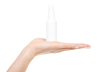 Hand with white plastic hand antiseptic isolated on white background