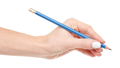 Hand with blue office pencil isolated on white background