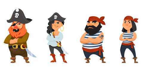 Male and female pirates with crossed arms. Funny characters in cartoon style.