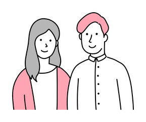 若い男性と女性のイラスト。恋人や夫婦のイメージ。カジュアルな服装の男女が並んでいる。おしゃれな手書きのイラスト。