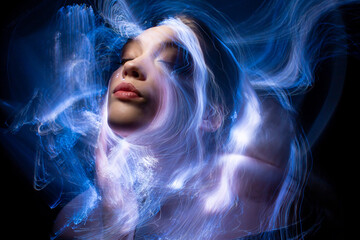 lightpainting portrait, new art direction, long exposure photo without photoshop, light drawing at...