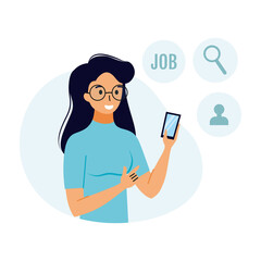 Girl is looking for job. Concept of job search and employment. Woman with smartphone.