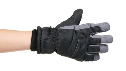 Hand with dark winter gloves isolated on white background