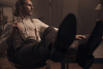 the scene of a brutal detective thinking about something in his office, he is wearing a striped shirt, classic pants and suspenders, sitting in a chair with his feet on the table