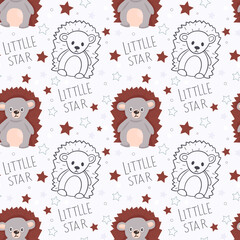 Seamless pattern with animals. Cute hedgehog with stars. Positive inscriptions. Cartoon vector print for children's clothes, wallpaper. Gift wrap, paper and fabric