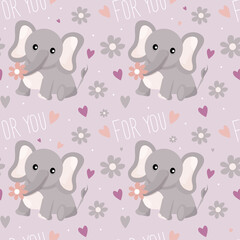 Seamless animal pattern. Cute elephant in flowers. Delicate pastel colors. Cartoon vector print for children's clothes, wallpaper. Gift wrap, paper and fabric