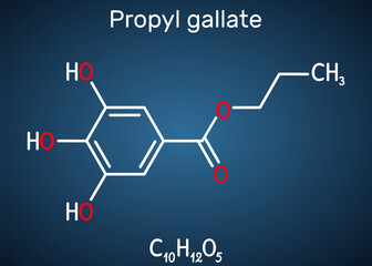 Propyl gallate, N-Propyl gallate molecule. It is antioxidant, food additive, E310. Structural chemical formula on the dark blue background