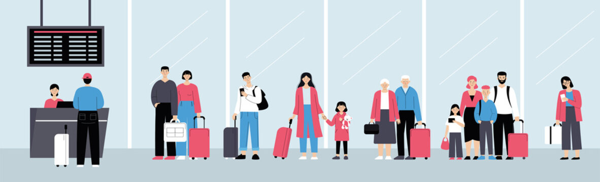 People at the airport. Check-in queue, family travel, business travel. Vector illustration in flat style