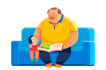 Grandfather and grandson sit on the sofa and read a book together. Happy Fathers Day postcard, relationships between family concept Cartoon vector illustration isolated on a white background