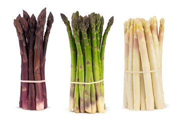 Three bunches of different fresh asparagus isolated on white. Purple white and green asparagus. - obrazy, fototapety, plakaty