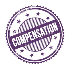 COMPENSATION text written on purple indigo grungy round stamp.