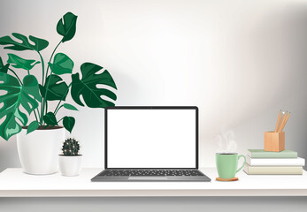  Co-working office interior with mock-up laptop, coffee cup, stationery, plants on a computer table.  Font view workspace vector editable illustration