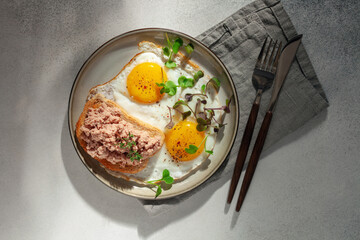 Breakfast - fried eggs and a sandwich with goose pate in a plate on the table. Top view