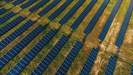 Solar panels in aerial view. Solar panels system power generators from sun