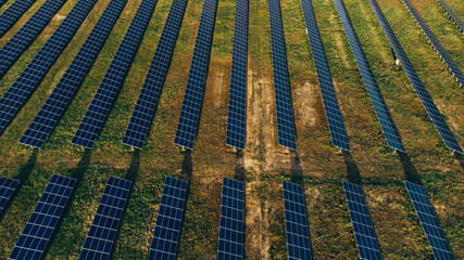 Solar panels in aerial view. Solar panels system power generators from sun