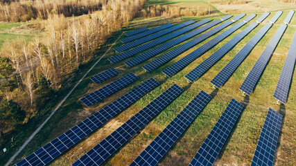 Solar panels in aerial view. Solar panels system power generators from sun