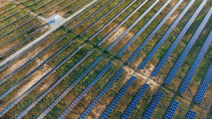 Solar panels in aerial view. Solar panels system power generators from sun