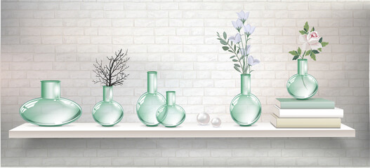 Vector light shelf with books, plants and branches in glass transparent vases and empty vases for interior design. Vector mockup for interior with shelves and light brick wall