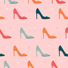 Deurstickers Glamour stijl Glamoureus naadloos patroon op een roze achtergrond met schoenen
