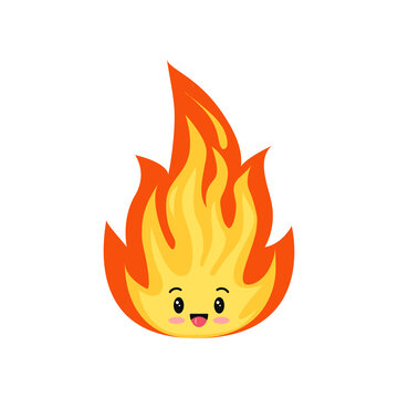 Fire flame emoji cute character isolated on a white background. Hot cartoon flame energy emoticon sign with face, flaming symbol. Flat design vector kawaii style clip art illustration.