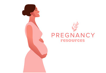 Happy pregnant woman holds her belly. Active well fitted pregnant female character. Happy pregnancy. Flat cartoon vector illustration