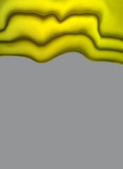 Abstract liquid illuminating yellow color oily waves with 3D effect flowing down from above on ultimate gray empty background. Copy space. Vertical flyer. Art paint. Flowing lines. Fluid texture.