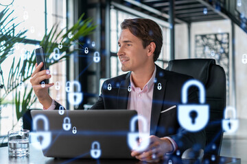 Businessman in suit checking cyber security using smart phone to protect clients confidential...