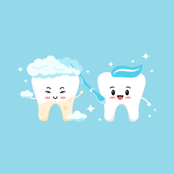 Tooth with yellow plaque becomes white with help of cute tooth boy with toothbrush. Flat design cartoon kawaii character vector illustration. Brush your teeth cleaning and whitening concept.