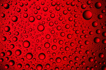 Red color water drops background. Wet glass surface texture. Bubble dew pattern. Transparent window...