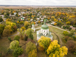 Aerial to village Sedniv and church of the Resurrection Ukraine