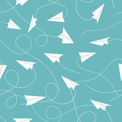 Seamless pattern with paper planes aircraft. Flying aircrafts on blue background. Vector background mockup, illustration with airplanes made as origami from paper. White airplanes on pattern layout