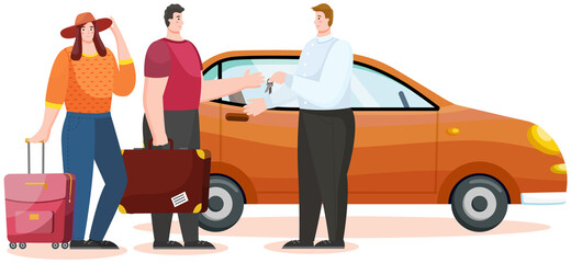 Car rental and traveling by vehicle with family. Couple searching adventures rents automobile. Travelers in motion. Booking and renting car for trips around world. Man and woman talking to landlord