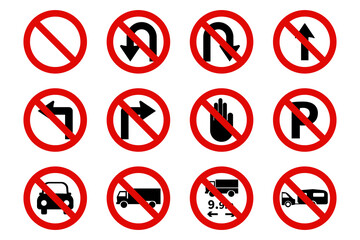 Forbidden Traffic Signs vector icons set, run Highway road prohibited beware cross, Prohibition symbols collection.