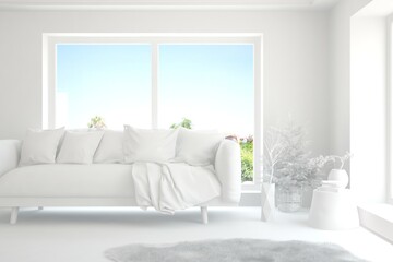 Mock up of stylish room in white color with sofa. Scandinavian interior design. 3D illustration