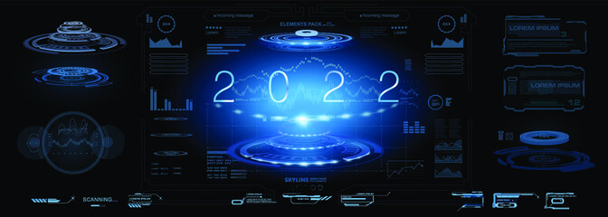 Futuristic techno background with holographic date. Big date 2022 with hologram and neon light portals. User interface with HUD, GUI, UI elements. Holographic panel with HUD elements
