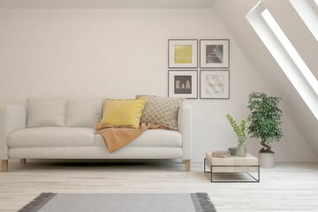 Soft color living room with sofa. Scandinavian interior design. 3D illustration